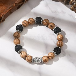 3 bracciale elastico con perline rotonde in legno naturale e pietra lavica di 3 colori&nbsp;BJEW-JB12353