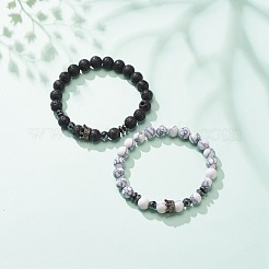 2pcs 2 style bracelets extensibles en pierre de lave naturelle et howlite synthétique et hématite avec couronne en alliage&nbsp;BJEW-JB08482