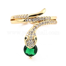 Brass Micro Pave Cubic Zirconia Cuff Rings, Open Rings, Snake, Golden, Green, US Size 5 3/4(16.3mm), 2~22mm