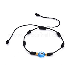 Adjustable Nylon Threads Braided Bead Bracelets, with Handmade Evil Eye Lampwork Beads and Brass Spacer Beads, Deep Sky Blue, Inner Diameter: 1 inch~4-3/8 inch(2.4~11cm)