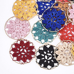 Anhänger aus Polycotton (Polyester-Baumwolle), mit Messing-Zubehör, flach rund mit Blume, Licht Gold, Mischfarbe, 35x1 mm