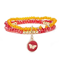 Трехслойный многожильный браслет из круглого стекла, эластичный браслет с подвеской в виде бабочки из сплава эмали для женщин, оранжево-красный, внутренний диаметр: 2-1/4 дюйм (5.7 см)