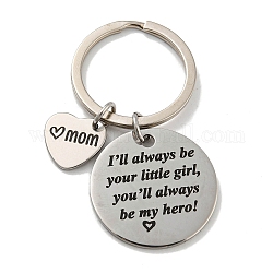 Cadeau fête des mères 201 coeur en acier inoxydable avec mot maman porte-clés, avec les principaux anneaux de fer, plat rond, 6 cm