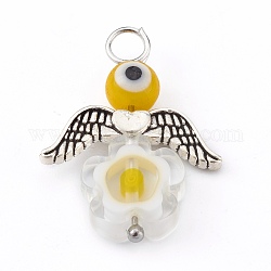 Handmade Millefiori Glass Pendants, with Evil Eye Lampwork Round Bead and Alloy Beads, Angel, Antique Silver, Yellow, 26.5x20x7mm, Hole: 3mm