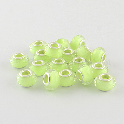 Large Hole Acrylic European Beads, with Silver Tone Brass Double Cores, Faceted Rondelle, Green Yellow, 14x9mm, Hole: 5mm
