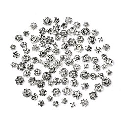 10 tappi di perline in lega di stile tibetano, fiore, argento antico, 6~14mm, Foro: 2 mm, circa 100pcs/scatola, 10 stile/10 pezzi