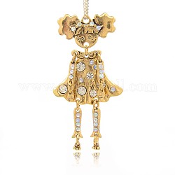 Antique Light Gold Plated Alloy Rhinestone Human Big Pendants, Girl Necklace Charms, Crystal & Crystal AB, 74x39x2mm, Hole: 3mm