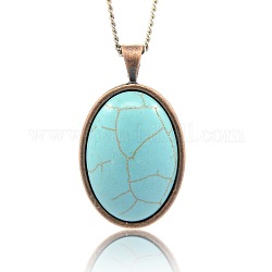 Nickel Free Red Copper Tone Alloy Synthetic Turquoise Oval Pendants, Cyan, 41x23x7mm, Hole: 4x5mm