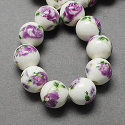 Perles de porcelaine imprimées manuelles, ronde, orchidée, 6mm, Trou: 2mm