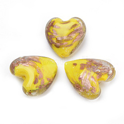 Handgemachte Glasperlen Goldsand, Herz, Gelb, 33~35x34~36x16~17 mm, Bohrung: 2~3 mm