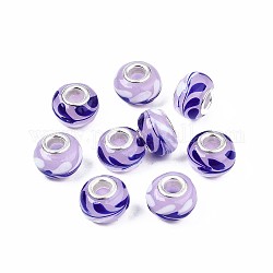 Handgemachte glasperlen murano glas großlochperlen, großes Loch Rondell Perlen, mit Platin-Ton Messing Doppeladern, Blau, 14~15x9~10 mm, Bohrung: 5 mm