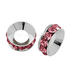 Abalorios de latón Diamante de imitación espaciador, Grado A, rerondana plana, color plateado, rosa, 7x3.3mm