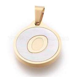 304 Stainless Steel Pendants, with Shell, Flat Round with Alphabet, Golden, Letter.O, 20.5x18x2.5mm, Hole: 7x4mm