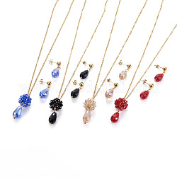 304 Stainless Steel Jewelry Sets, Pendant Necklaces and Stud Earrings, with Glass Beads, Flower with Teardrop, Golden, Mixed Color, 16.5~16.7 inch(42~42.5cm), 2mm, 28~29mm, Pin: 0.8mm