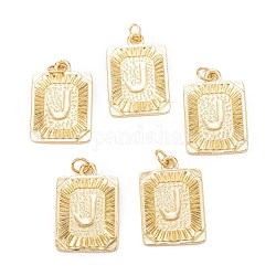 Brass Pendants, with Jump Ring, Long-Lasting Plated, Cadmium Free & Nickel Free & Lead Free, Rectangle with Alphabet, Real 18K Gold Plated, Letter.J, 23.5x16x2mm, Jump Ring: 5x0.7mm, 3.6mm Inner Diameter