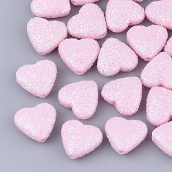 Perline acrilico opaco, con polvere di scintillio, cuore, perla rosa, 12.5x13.5x6mm, Foro: 1.5 mm