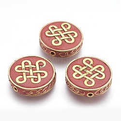 Handmade Indonesia Beads, with Metal Findings, Flat Round with Chinese Knot, Raw(Unplated), Chocolate, 28x7.5mm, Hole: 2mm