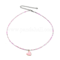 Alloy Enamel Heart Charm Necklace, Glass Seed Beaded Necklace for Women, Pink, 17.13 inch(43.5cm)