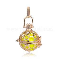 Golden Plated Brass Hollow Round Cage Pendants, with No Hole Spray Painted Brass Round Beads, Yellow, 35x25x21mm, Hole: 3X8mm