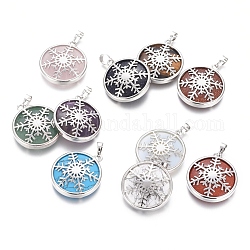 Natural & Synthetic Mixed Stone Pendants, with Platinum Tone Brass Findings, Flat Round with Snowflake, 31.5x27.5x6mm, Hole: 5X7mm