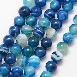 Natural Striped Agate/Banded Agate Bead Strands, Round, Grade A, Dyed & Heated, Deep Sky Blue, 10mm, Hole: 1mm, about 37pcs/strand, 15 inch