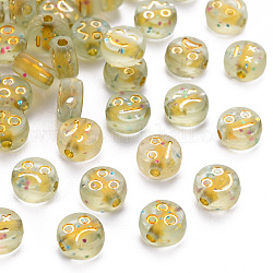Perles en acrylique transparente, métal enlacée, avec de la poudre de paillettes, plat rond avec l'expression, plaqué or, 7x4mm, Trou: 1.5mm, environ 3600 pcs / 500