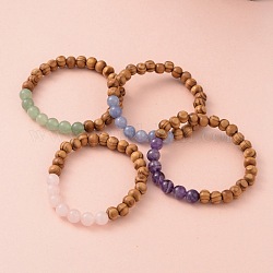Bracelets extensibles en perles rondes en bois, avec des perles naturelles de pierres précieuses, 61mm