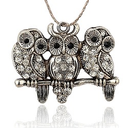Tibetan Style Alloy Rhinestone Big Pendants, Owl, Antique Silver, Crystal, 43x58x5mm, Hole: 3mm
