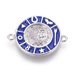 Brass Enamel Links connectors, with Micro Pave Cubic Zirconia, Flat Round with Moon, Blue, Platinum, 18x23x2.5mm, Hole: 1.5mm