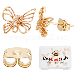Beebeecraft 10 pièces en laiton zircon cubique bowknot boucle d'oreille accessoires, avec boucles horizontales et écrous à friction 10pcs, véritable 18k plaqué or, 10x11.5mm, Trou: 1mm, pin: 0.8 mm