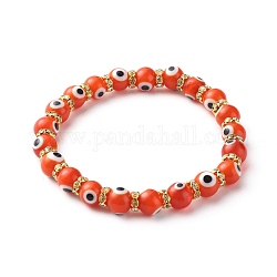 Bracelets extensibles perlés faits à la main au chalumeau mauvais œil, avec des perles de strass rondes en laiton, orange, diamètre intérieur: 2-1/2 pouce (6.3 cm)