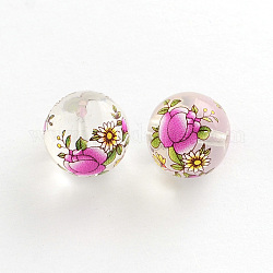Flower Picture Transparent Glass Round Beads, Deep Pink, 14x13mm, Hole: 1.5mm