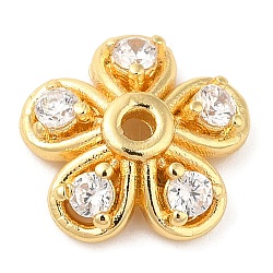 Rack Plating Brass Micro Pave Cubic Zirconia Bead Caps, Cadmium Free & Lead Free, 5-Petal Flower, Real 18K Gold Plated, 10x3mm, Hole: 1.2mm