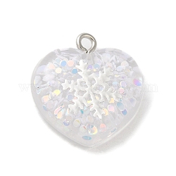 Pendentif en acrylique, avec les accessoires en fer, glitter, coeur de Saint Valentin avec flocon de neige, blanc, 20.5x20x6.5mm, Trou: 2mm