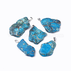 Pendentifs jasper régalite naturelle / jaspe impérial / sédiments marins, avec les accessoires en fer de tonalité de platine, teinte, pépites, bleu profond du ciel, 42~47x27~33x5~6mm, Trou: 7x3.5mm