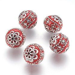 Perles Indonésiennes manuelles, avec les accessoires en métal, ronde, argent antique, rouge, 19.5x19mm, Trou: 1mm