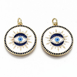 Brass Micro Pave Colorful Cubic Zirconia Pendants, with Jump Rings and Enamel, Nickel Free, Flat Round with Evil Eye, Real 16K Gold Plated, Colorful, 24x21.5x2.5mm, Jump Ring: 5x1mm, 3mm inner diameter