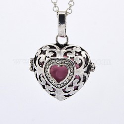Antique Silver Brass Rhinestone Cage Pendants, Chime Ball Pendants, Heart, with Brass Spray Painted Bell Beads, Pearl Pink, 27x27x21mm, Hole: 3x5mm, Bell: 16mm
