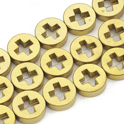 Electroplate non magnetici ematite sintetico fili di perline, piatta e rotonda con croce, oro placcato, 10x3mm, Foro: 1 mm, circa 39pcs/filo, 15.3 pollice