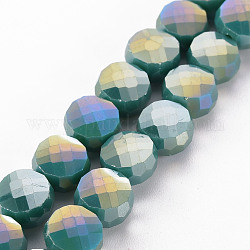 Brins de perles de verre électrolytiques opaques, de couleur plaquée ab , facette, plat rond, dark cyan, 8x5mm, Trou: 1.5mm, Environ 72~73 pcs/chapelet, 20.87 pouce (53 cm)