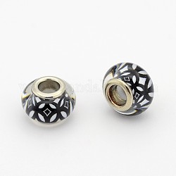 Handmade Polymer Clay Enamel Large Hole Rondelle European Beads, with Platinum Brass Double Cores, Black, 14x9mm, Hole: 5mm