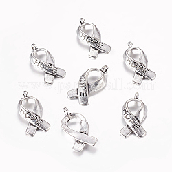 Breast Cancer Awareness Ribbon Carved Word Hope Tibetan Style Alloy Message Pendants, Cadmium Free & Nickel Free & Lead Free, Antique Silver, 17x8x3mm, Hole: 2mm