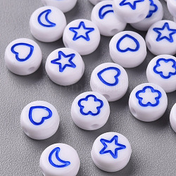 Weiße undurchsichtige Acrylperlen, flach rund mit Herz & Blume & Mond & Stern, Blau, 7x4 mm, Bohrung: 1.6 mm