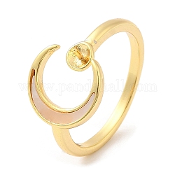 Componente de anillo de puño abierto de latón lunar con concha, configuración del anillo, para los abalorios de medio-perforado, real 18k chapado en oro, nosotros tamaño 8 1/4 (18.3 mm), pin: 0.8 mm, Luna: 12x13 mm