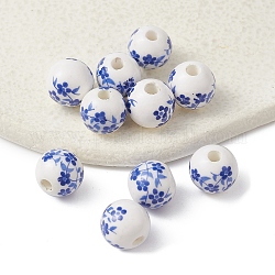 Abalorios de porcelana hechas a mano, porcelana azul y blanca, redondo con flor, azul, 10mm, agujero: 2 mm