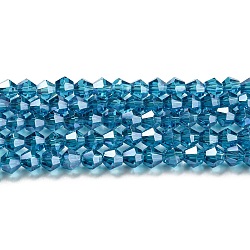 Transparentes perles de verre de galvanoplastie brins, perle plaquée lustre, facette, Toupie, bleu acier, 4x4mm, Trou: 0.8mm, Environ 87~98 pcs/chapelet, 12.76~14.61 pouce (32.4~37.1 cm)