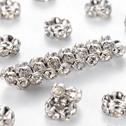 Perles séparateurs en laiton avec strass, Grade a, bord ondulé, de couleur métal platine , rondelle, cristal, 6x3mm, Trou: 1mm