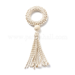 Ring Macrame Cotton Cord Pendant Decorations, with Natural Wood Beads, Antique White, 165mm