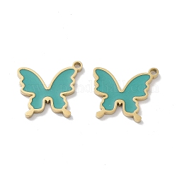 Ion Plating(IP) 304 Stainless Steel Pendants, with Enamel, Butterfly Charm, Golden, Light Sea Green, 13.5x15x1.5mm, Hole: 1.4mm