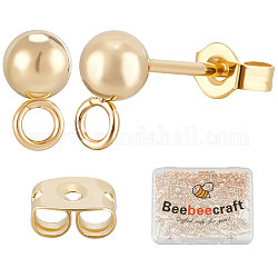 Beebeecraft 100Pcs 304 Stainless Steel Ball Stud Earring Findings, with Horizontal Loops & 100Pcs Ear Nuts, Golden, 15x7x4mm, Pin: 0.8mm